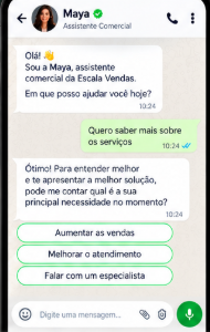 Exemplo ilustrativo de conversa da Maya com uma oportunidade pelo WhatsApp.